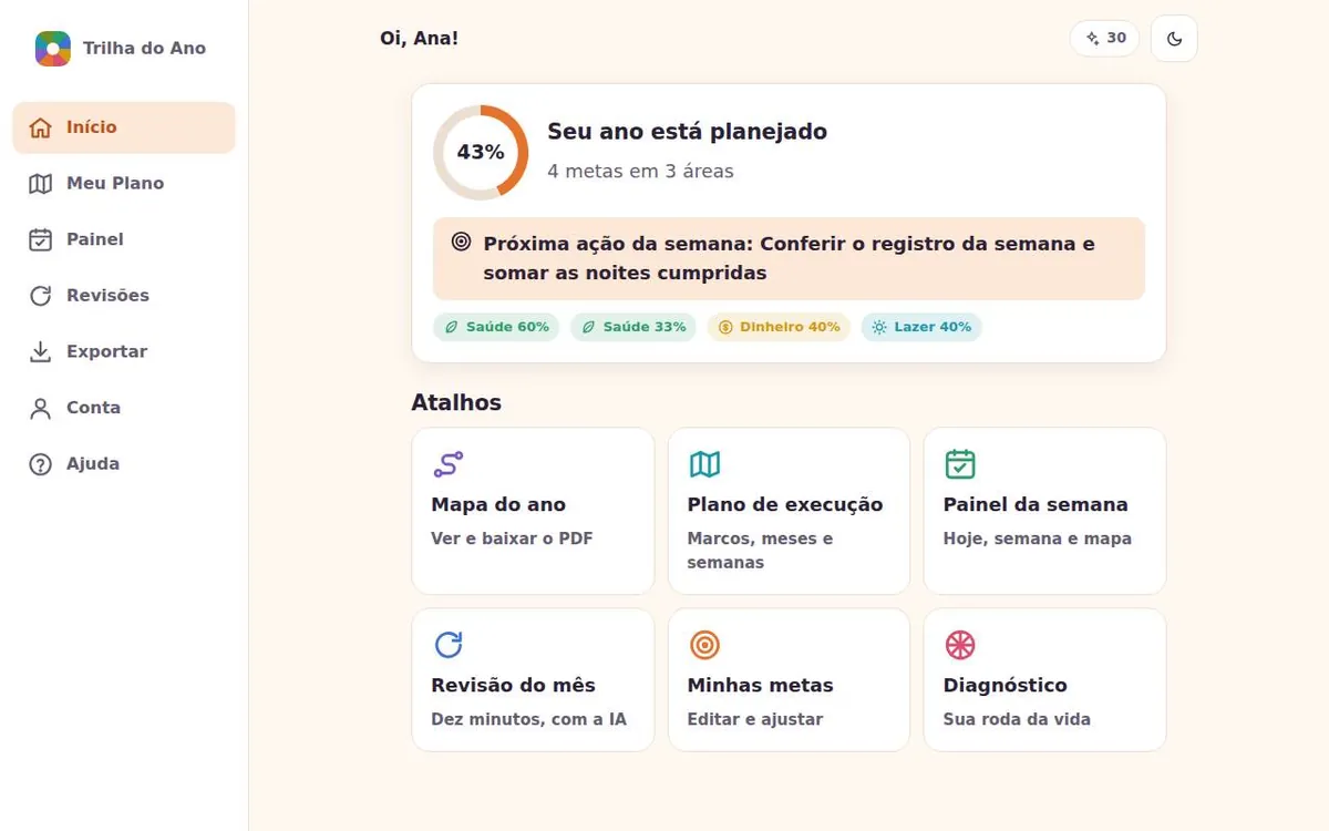 Área do cliente do Trilha do Ano no computador, com menu lateral, progresso geral e próxima ação da semana