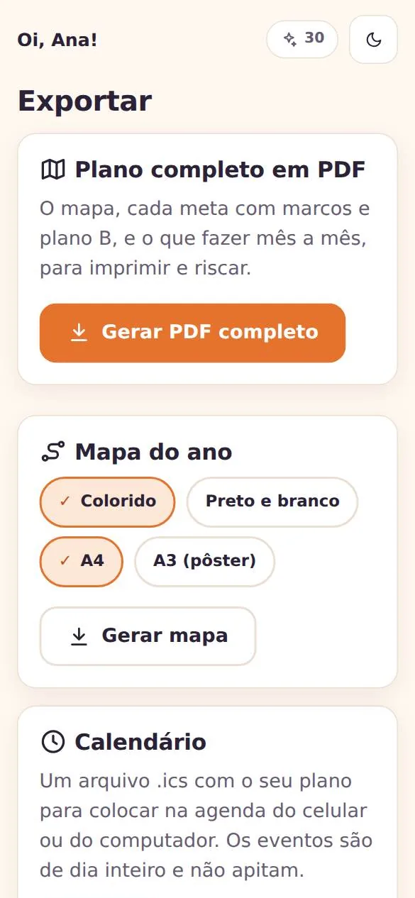 Tela Exportar: PDF completo do plano, mapa e calendário .ics para Google, Apple e Outlook