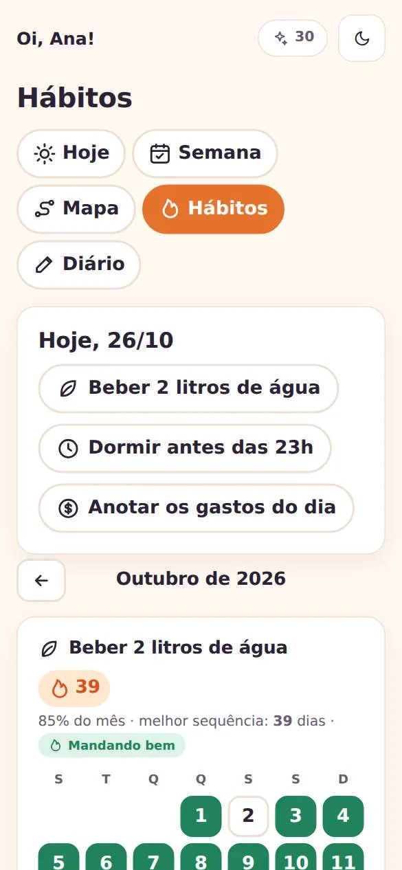 Tela de hábitos do Trilha do Ano: grade do mês e sequência de dias marcados