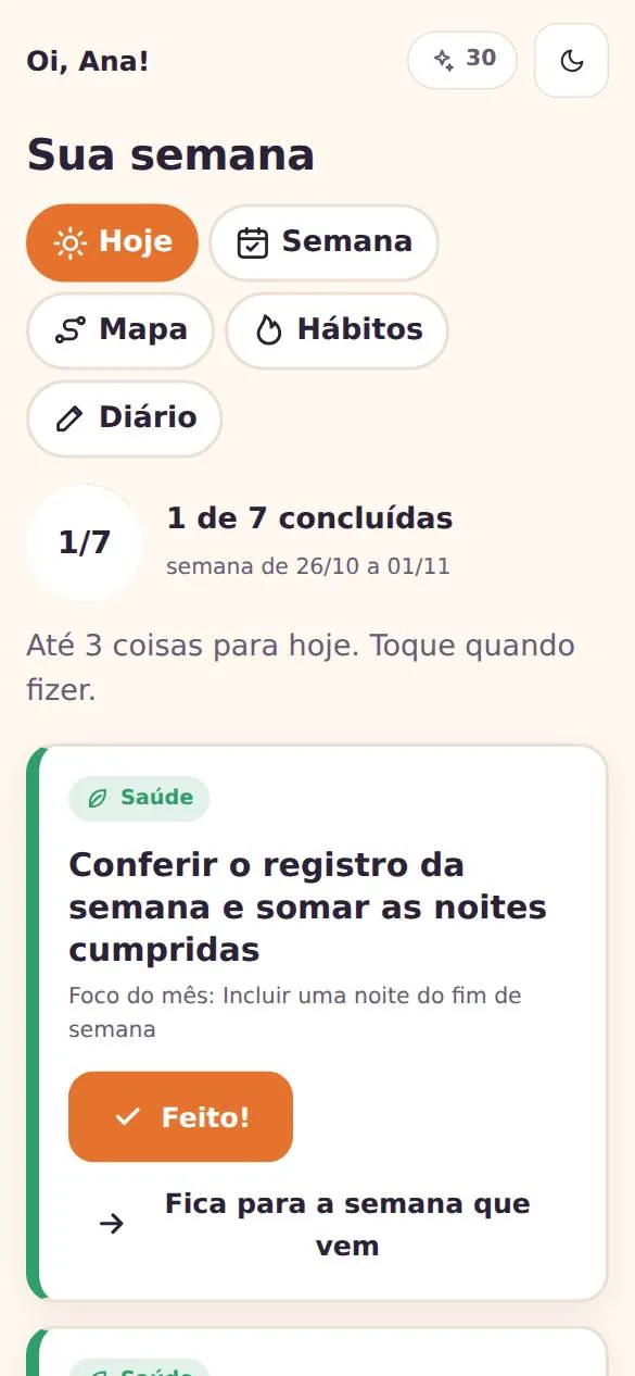 Tela Hoje do Trilha do Ano: ação da semana com botões Feito e Fica para a semana que vem