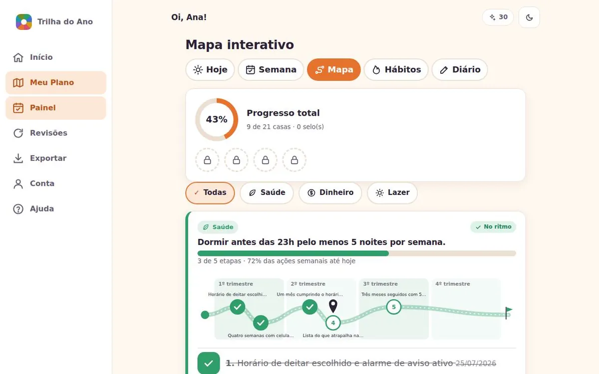 Mapa interativo do Trilha do Ano no computador, com as trilhas inteiras visíveis