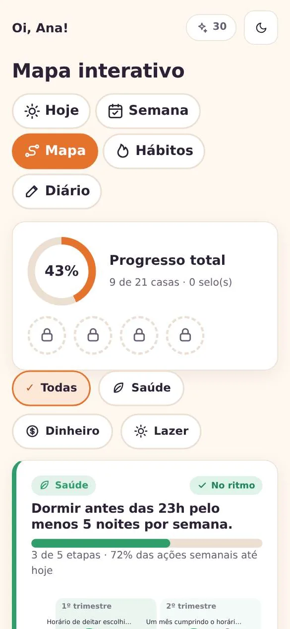 Mapa interativo do Trilha do Ano em estilo tabuleiro, com progresso total e filtro por área