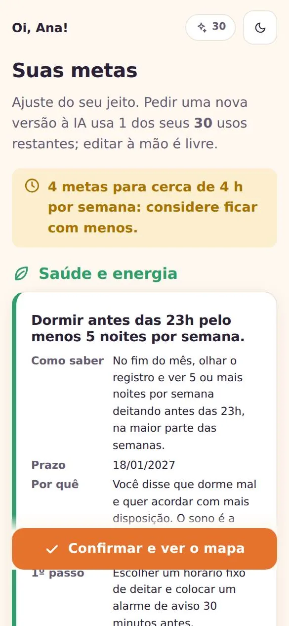 Tela de metas: meta de saúde com como saber, prazo, por quê e primeiro passo