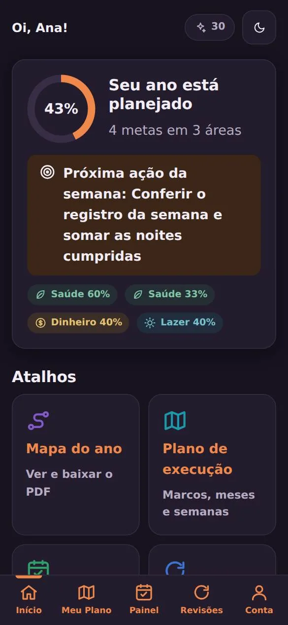 Área do cliente do Trilha do Ano em modo escuro