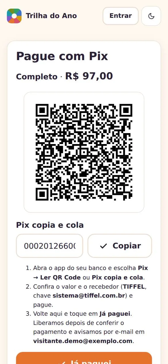Tela de pagamento por Pix do Trilha do Ano, com QR Code, copia e cola e o botão Já paguei