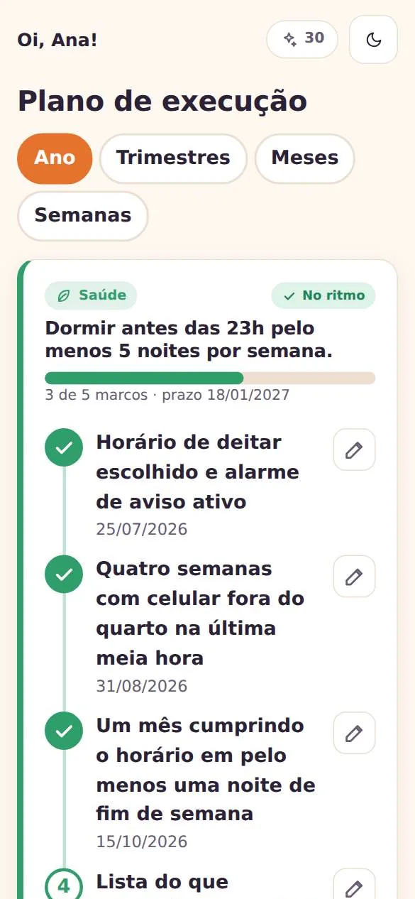 Plano do ano: meta com marcos datados, progresso, ritmo e plano B
