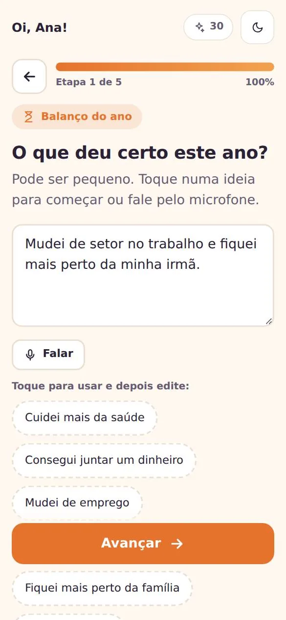 Questionário do Trilha do Ano: pergunta aberta com sugestões prontas e botão Falar