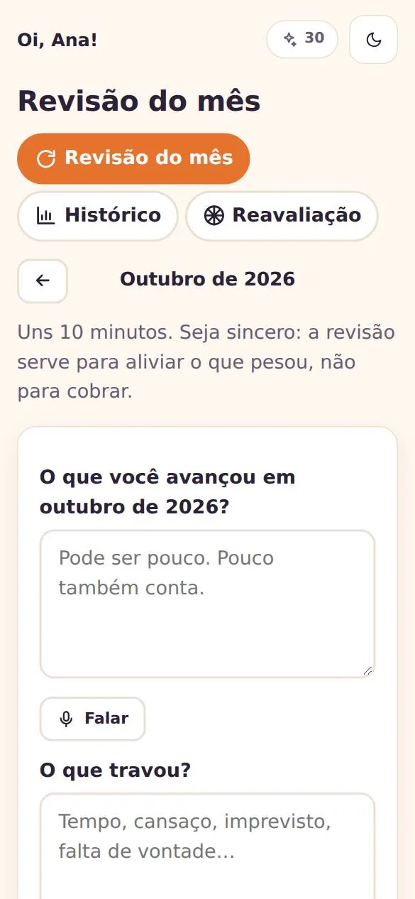 Revisão do mês: o que avançou, o que travou, como se sentiu e nota do mês